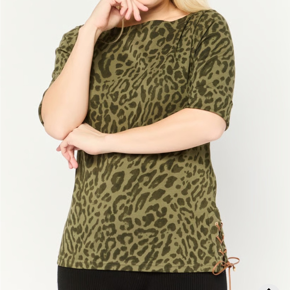 PLUS Lauren Ralph Lauren Olive Animal Print Knit Top